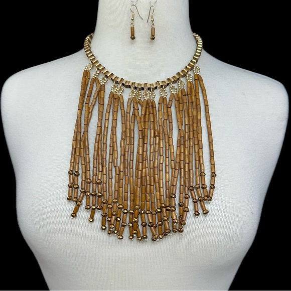 Dramatic Brown Wood Bead Cascading Beaded Gold Tone Necklace Earrings Set - Picture 1 of 2